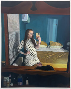 Oil painting of a woman wearing a polka dot dress taking a selfie in a dresser mirror with a bed, air conditioning unit, and Venetian blinds behind her.