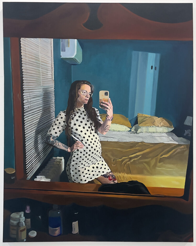 Oil painting of a woman wearing a polka dot dress taking a selfie in a dresser mirror with a bed, air conditioning unit, and Venetian blinds behind her.