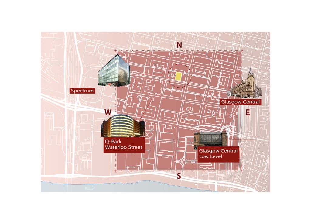 A red map with white lines, with the site highlighted in yellow and existing buildings highlighted around.