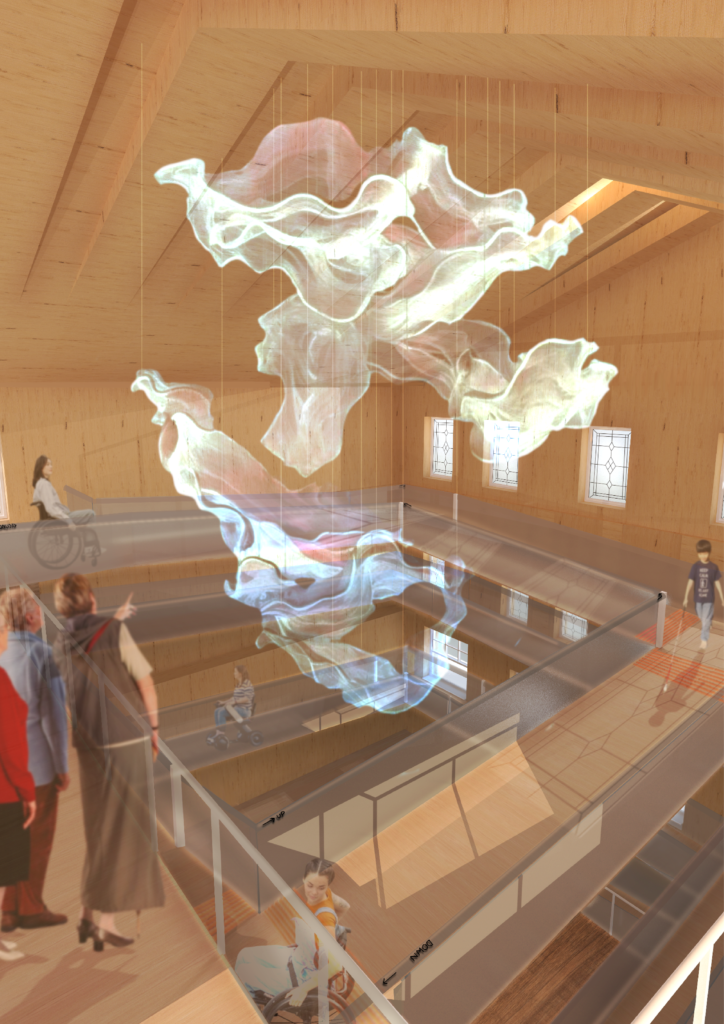 A render looking down at a ramp extending from ground to second floor in an angular spiral.