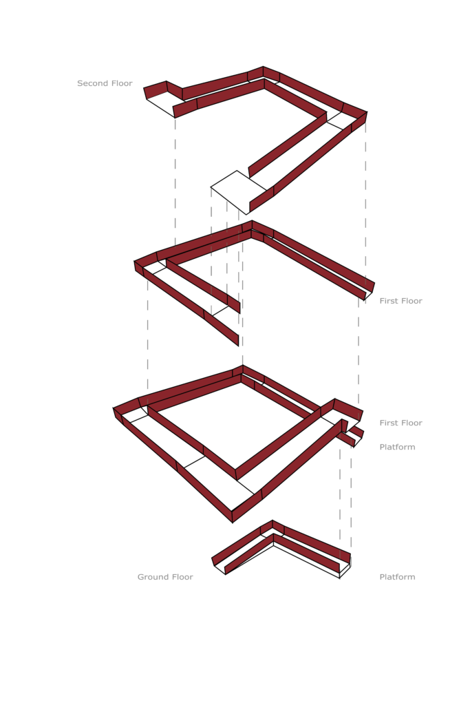 An exploded isometric view of the ramp from ground to second floor.