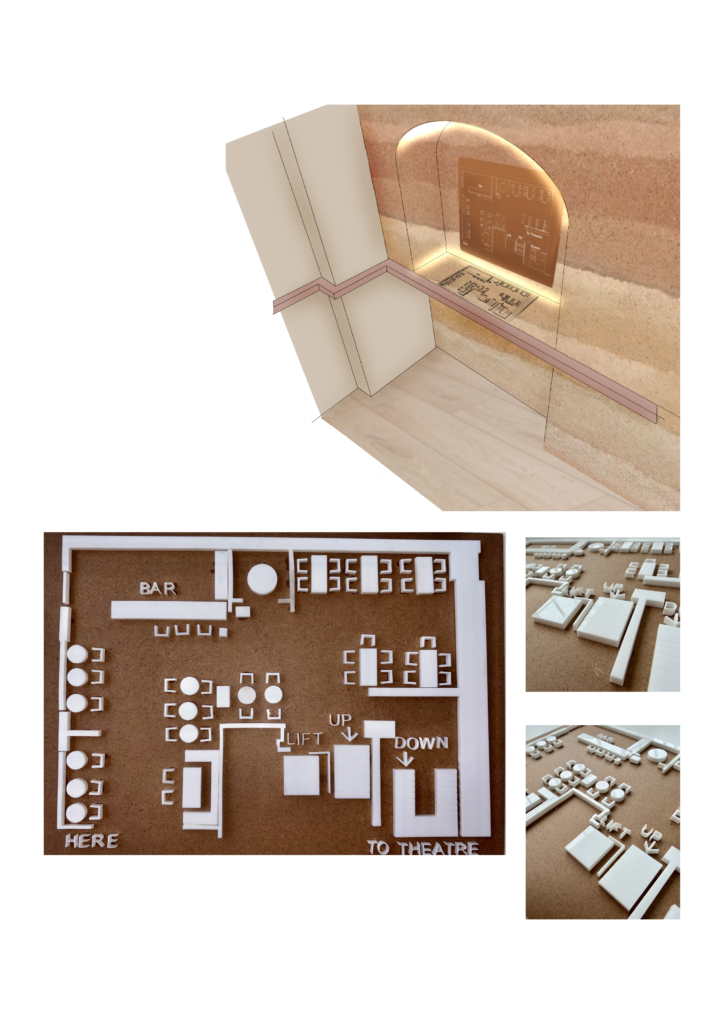 There is a rendered image of a niche in the wall that will house tactile floorplans. Below this image are three images of the tactile floorplan prototype of the bar. This is made with a dark wood background and white acrylic floorplan details.