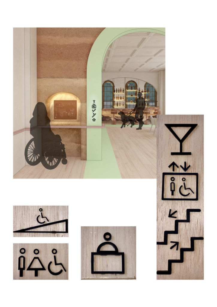 There is a rendered image showing the tactile iconography on the wall next to the niche with tactile floorplans. Below, there are images of my prototypes of the tactile icons I created and designed.