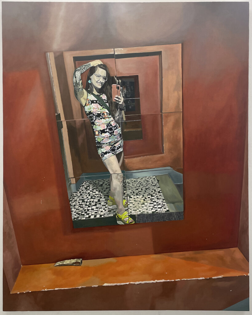 oil painting in a predominantly orange hue that depicts a woman with tattoos in a body con, digitally printed dress and bright green sandals taking a selfie in an entryway with a tiled floor and two panels of 6 mirror squares facing each other in front of and behind her.