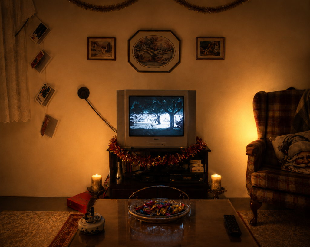 Installation detail showing a CRT television, vintage armchair, domestic furnishings and warmly lit interior setting.