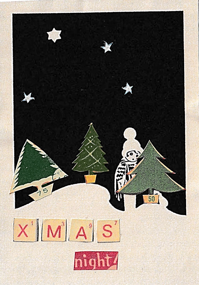 Handmade Christmas card featuring winter imagery, trees and stylised “XMAS” lettering.