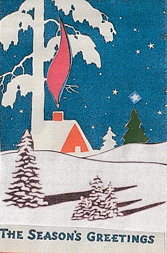 Handmade Christmas card depicting a winter scene with stylised festive imagery.