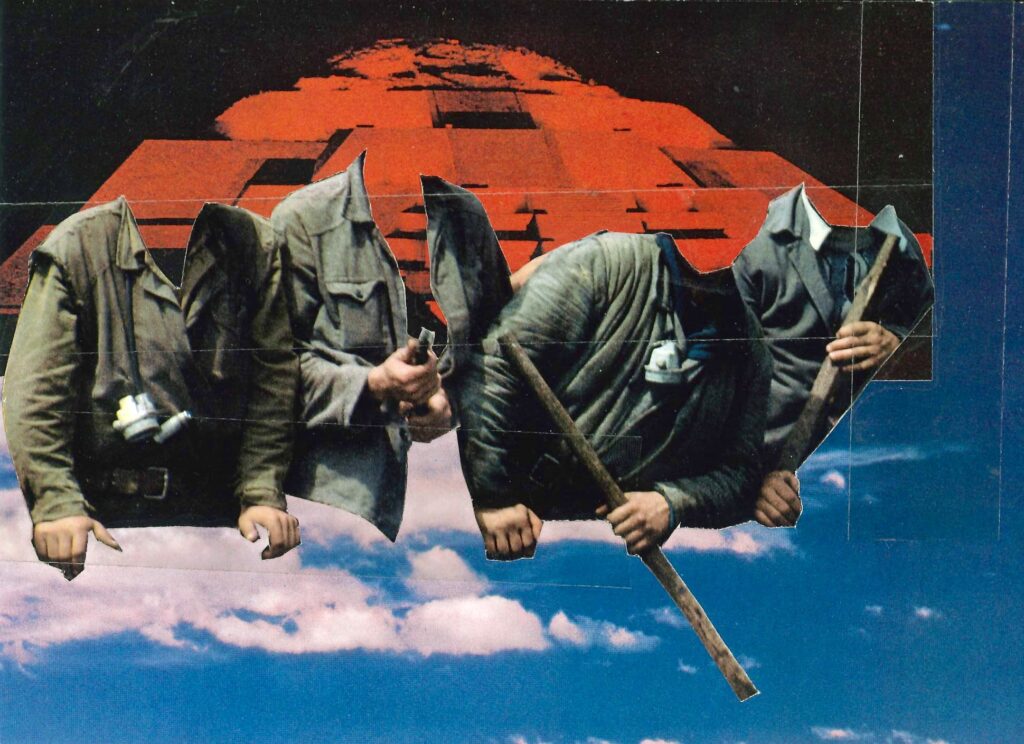 four headless men on top of two spliced landscapes, red and black on top, blue and pink on bottom