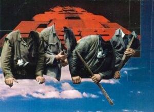 four headless men on top of two spliced landscapes, red and black on top, blue and pink on bottom