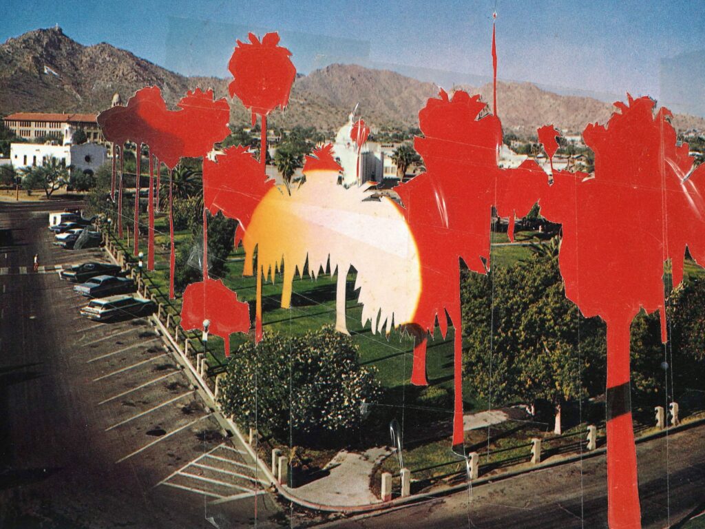 A car park with the trees and a flagpole cut out, revealing a red sunset underneath