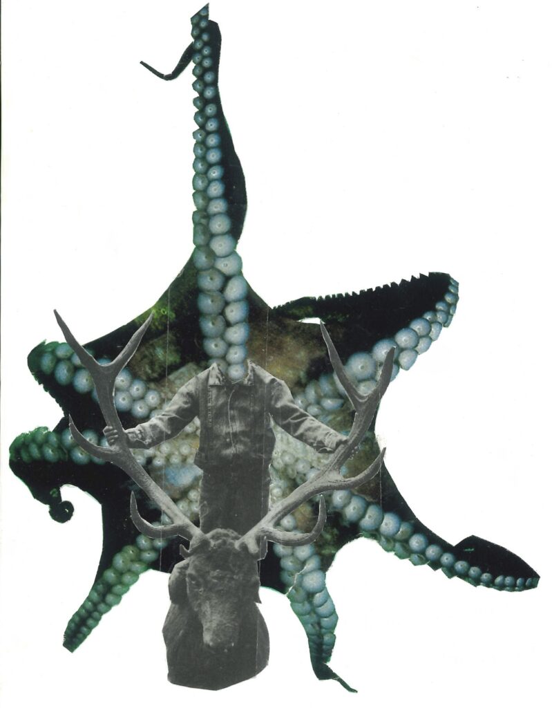 a large octopus sits underneath a black and white image of a young boy holding the head of a dead deer
