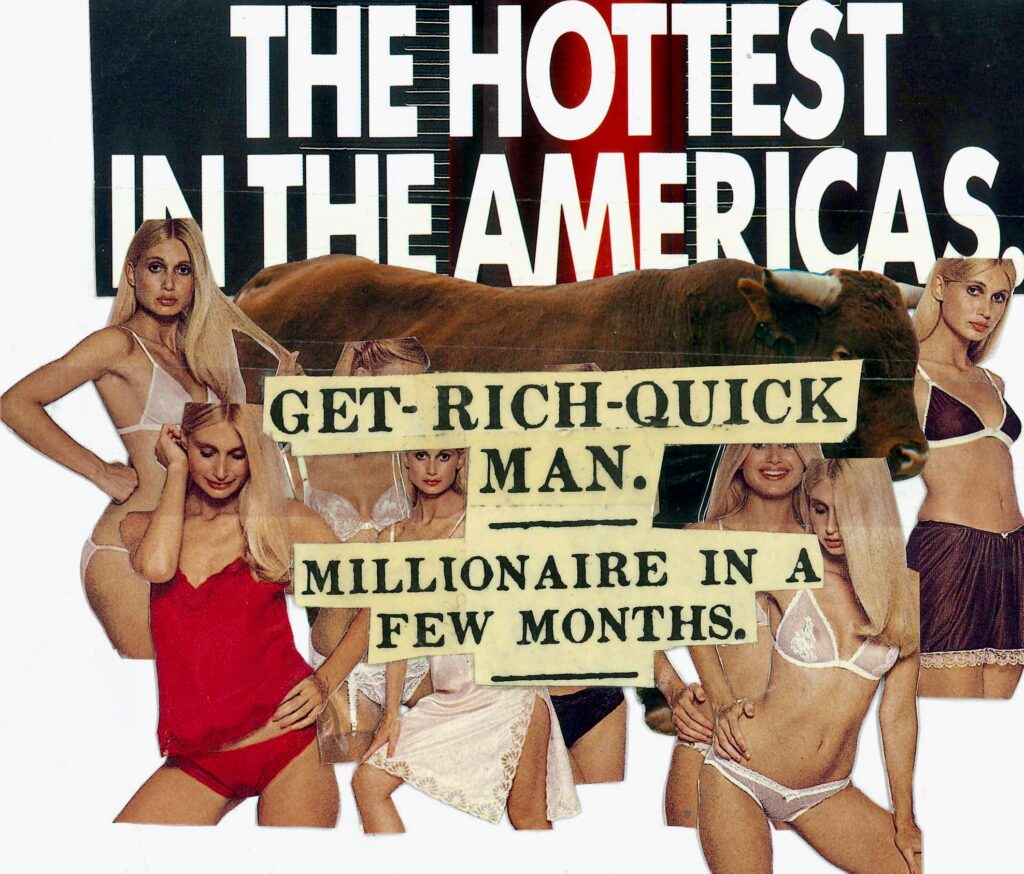 Top: The hottest in the Americas A bull surrounded by seven pictures of the same underwear model, with “Get rich quick man. millionaire in a few months.” over the top.