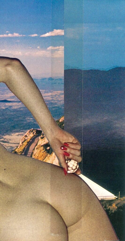 A woman’s bare backside is held over two halves of a landscape spliced together with tape.