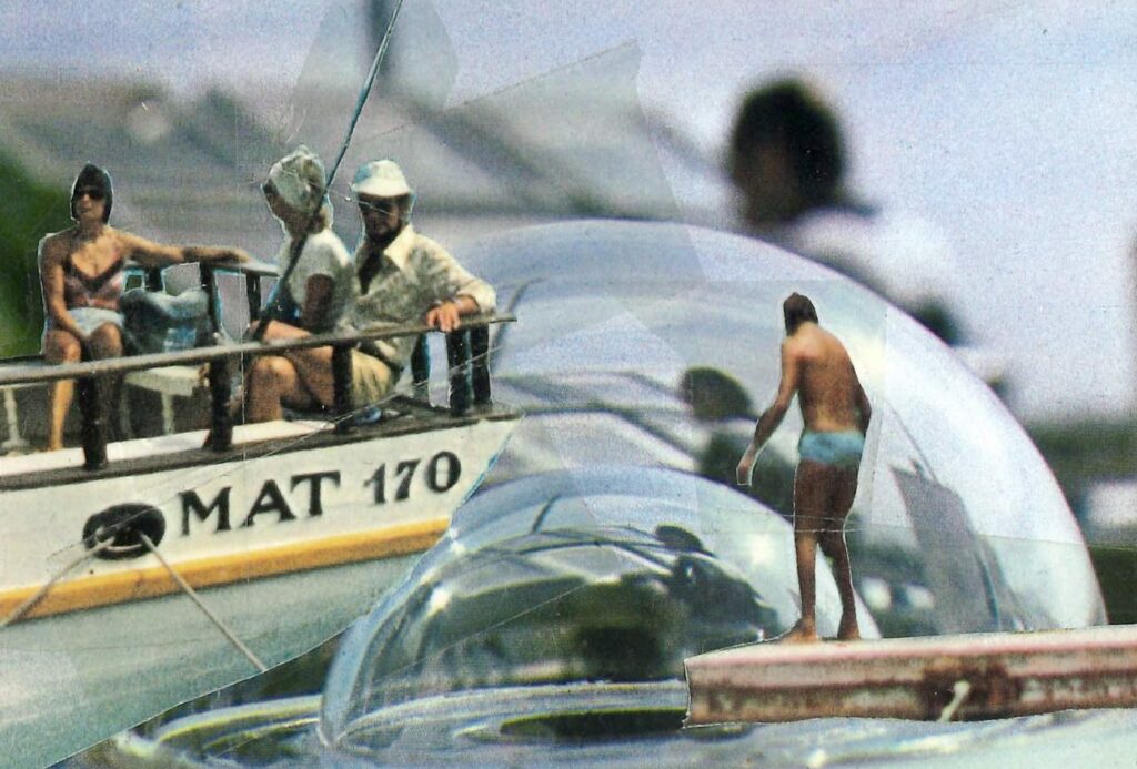 Three people sit on the stern of a boat in beach wear with a fishing rod. In front of them is a man in blue trunks on a diving board.