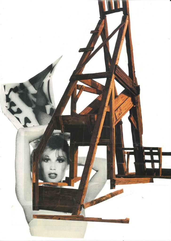 A sepia woman lies beneath a contraption of wooden beams, framing her face and covering her body. Magazine cut-outs on paper.