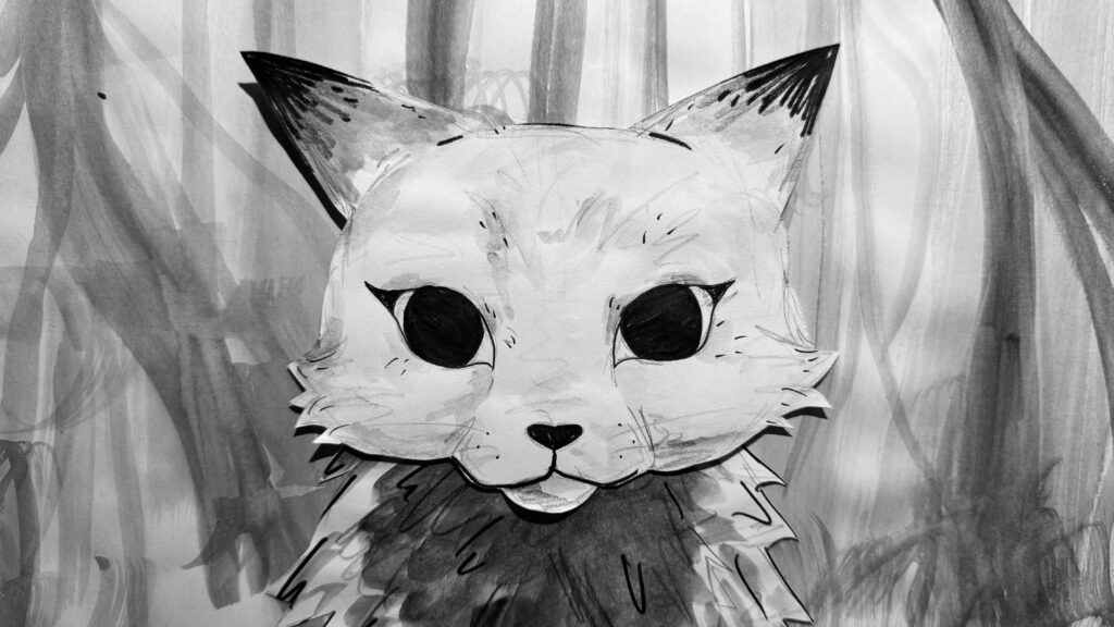 Black and white film still featuring close up of a fox/cat looking face on.