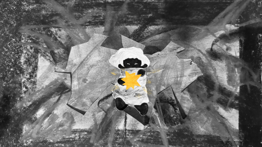 Predominantly black and white film still featuring the main character falling from an above view as a star glows above them. The star and main characters eyes are the only this with colour (yellow).