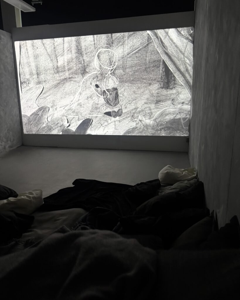 Projection is space. Walls of space are painted with a grey ‘lime wash’ effect and wall being projected onto is white. Space is furnished with various mis-match blankets, cushions and bean bags. The projection shows the main characters embracing each other in the forest.