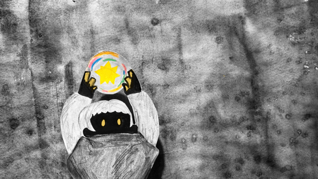 Predominantly black and white film still featuring the main character holding onto a bubble which contains a glowing star. Only the bubble/star and characters eyes have colour (Bubble is multicolour and eyes/star are yellow).