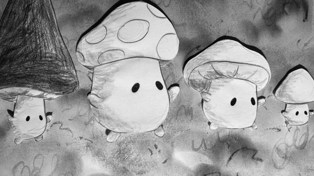 Black and white film still featuring four anthropomorphic mushrooms walking along the frame.