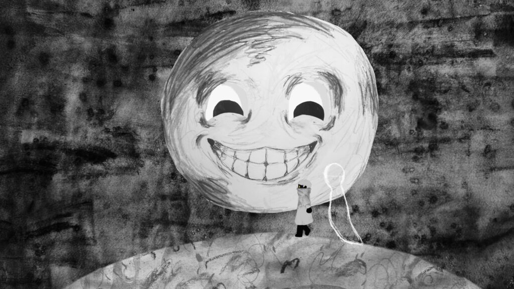 Predominantly black and white films till featuring the main characters walking along a grassy hill while the moon above grins and stares at them. The only colour is the main characters eyes which are yellow.
