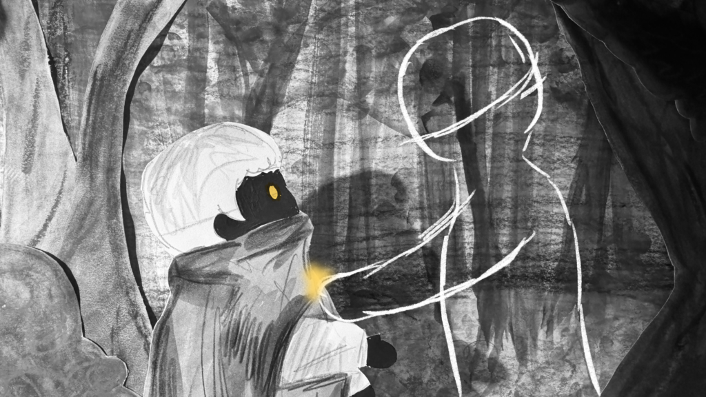 Still from film featuring the main character and faceless figure. The image is primarily black and white, besides the yellow glow the figure is taking from the main character.