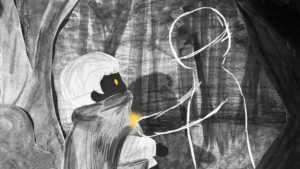 Still from film featuring the main character and faceless figure. The image is primarily black and white, besides the yellow glow the figure is taking from the main character.