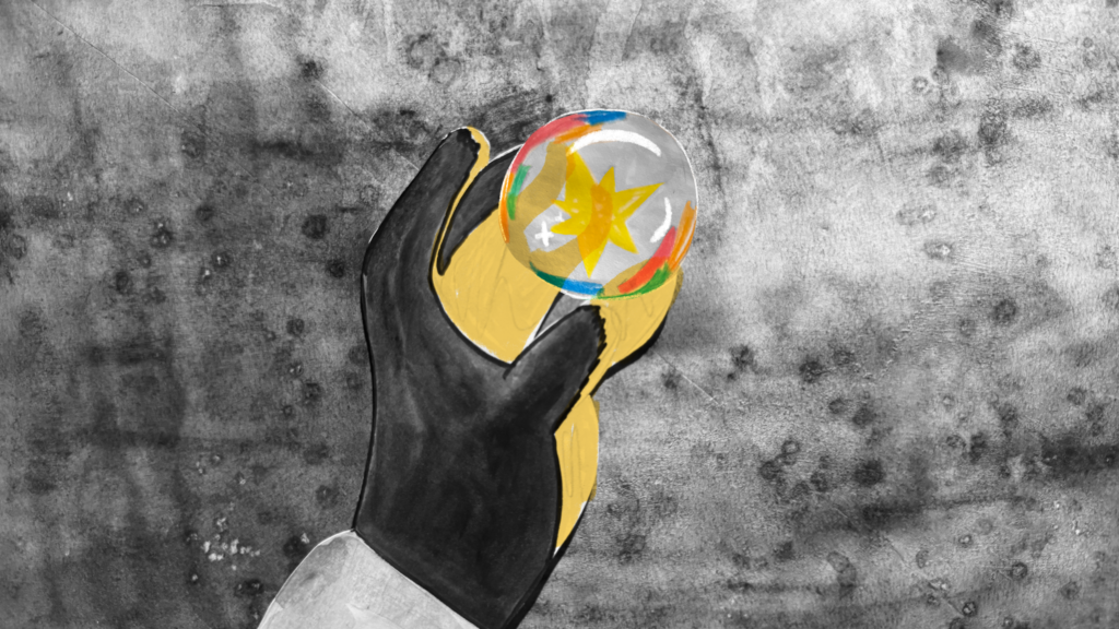 Predominantly black and white film still featuring the main characters hand reaching for a floating bubble which contains a star. The bubble/star and the glow it creates on the hand are the only thing in colour (Bubble is multicolour and star/glow is yellow).