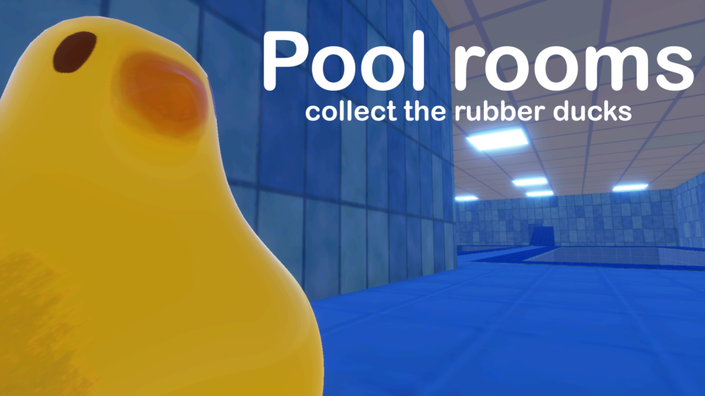 Poster with close up of a rubber duck in a blue pool room made for the Pool Room Project