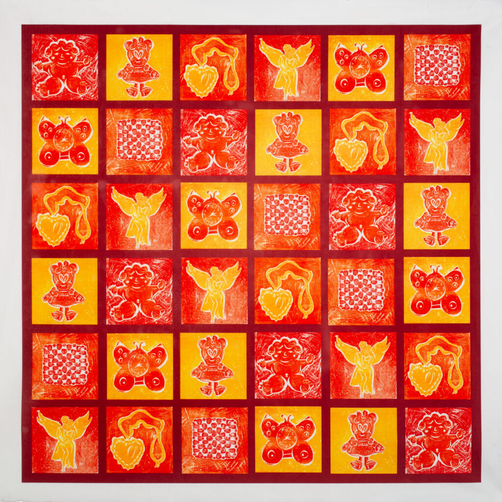 Blanket Tapestry featuring collagraph illustrations of the chosen objects, in a quilt/granny square style.