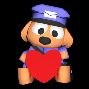 a 3D renfer of an anthromorphic CGI dog wearing a postman's outfit. the dog is holding onto an oversized heart