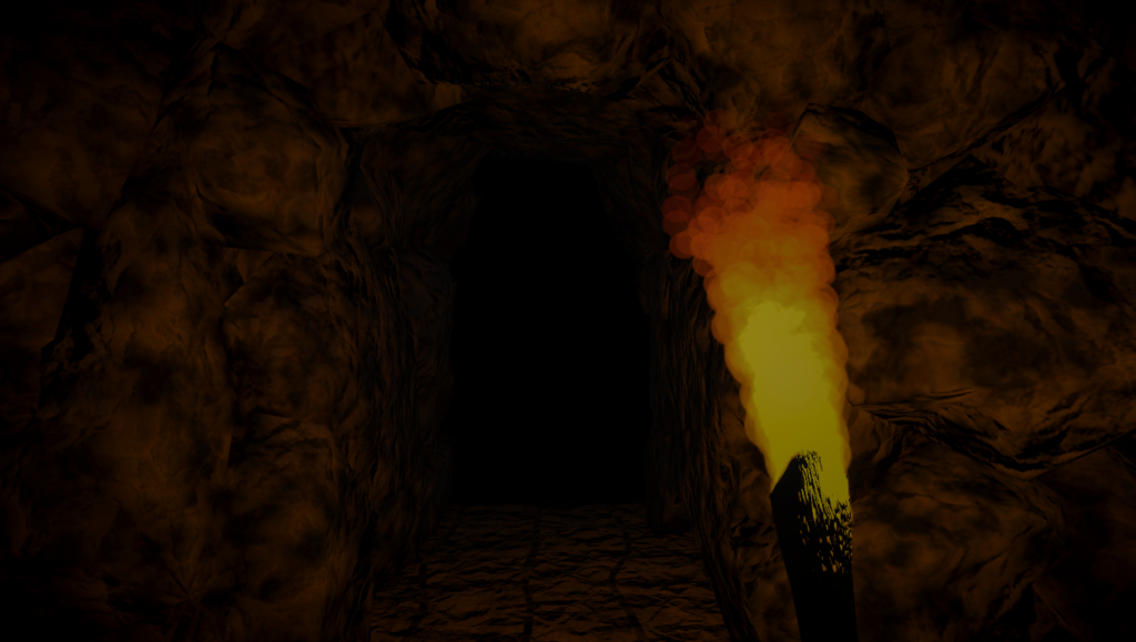 screenshot of Into the minotaur's maze from the vr players' perspective. the screen is very dark with just a torch lighting the scene. the environment is rocks and cave holes.