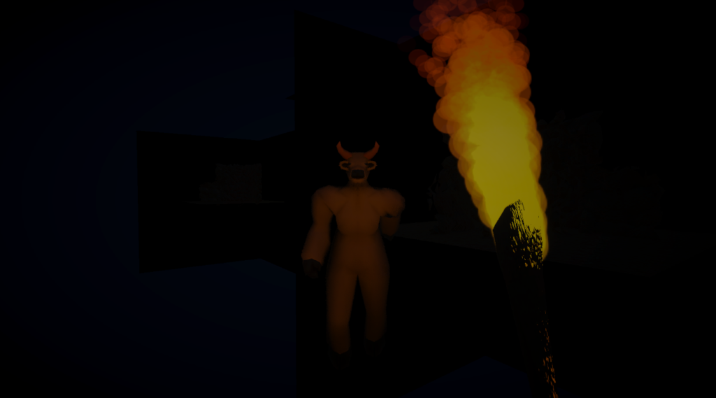 completely dark screen with a torch providing light. a minotaur is approaching the player