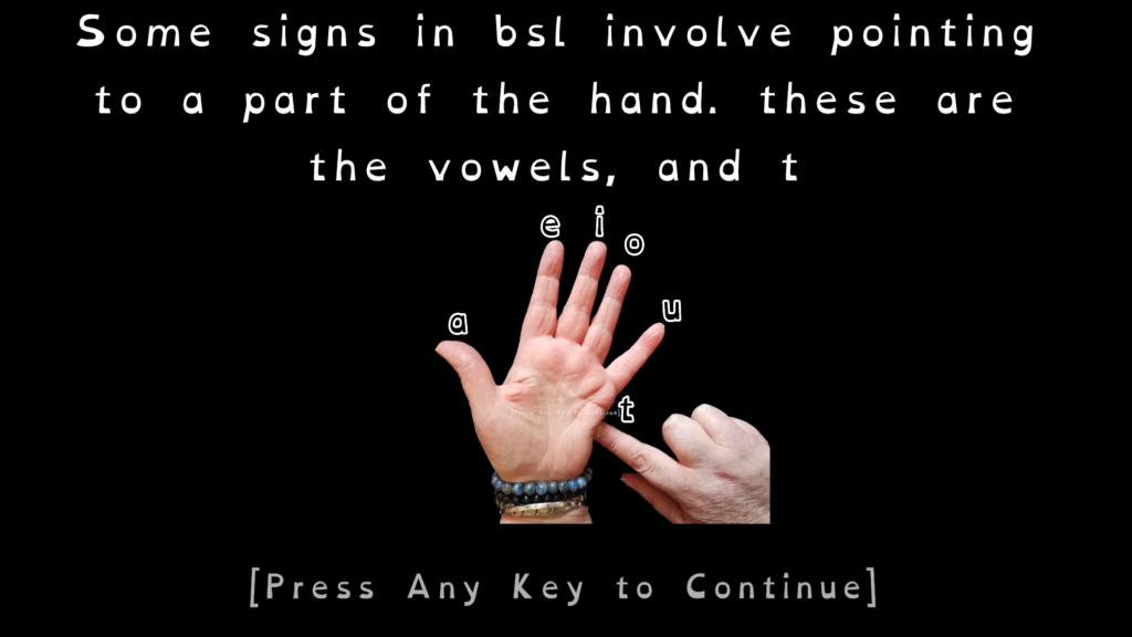 tutorial screen explaining how to perform AEIOUT BSL signs