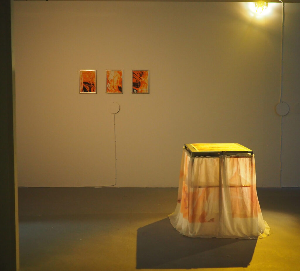 Three framed print on a walls in a dark room with a table covered in a draping lit up by a yellow spotlight
