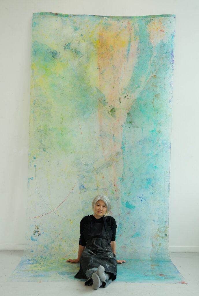 Bonae, After Luminosity III 2026, acrylic on transparent vinyl, 400 x 180 cm, installation view