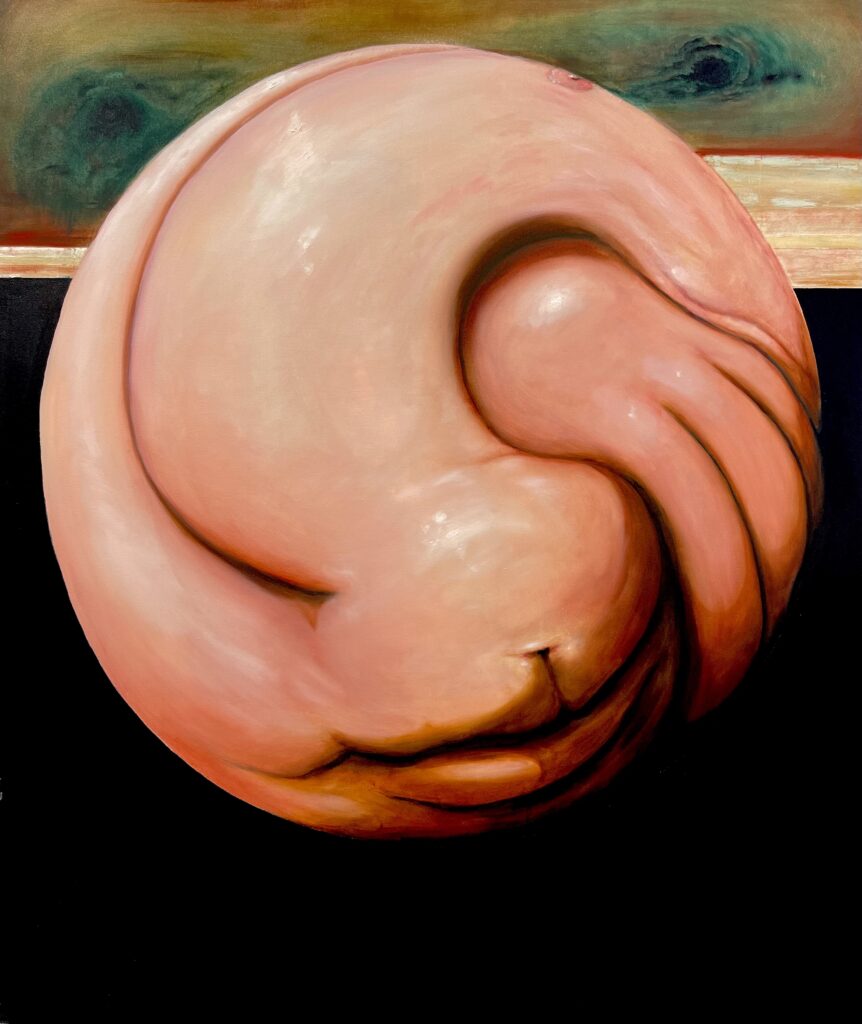 The psychic moment where the self, ruptured by trauma and compressed under survival, begins to reassemble. It exists between collapse and coherence. The form begins to fracture and form. The wet clay begins its new shape. Referencing Phanes, the first Orphic god born from the cosmic egg, the initial surge of becoming; a state where identity is not yet structured, but is actively forming. Phanes is not rendered here as a divine being, but as a psychic event: the violent, luminous birth of self-awareness in the aftermath of obliteration. The figure pulses with tension. The edges waver. The surface breaks. A presence, once buried, begins to press outward. It is not yet formed, but it is visible. This painting lives in that flickering threshold. The moment the self begins to remember it exists. It doesn’t depict clarity or healing, but the raw act of reformation: unstable, radiant, and irrevocable. Phanes En Gignesthai is the first unstable breath of a self that refuses to stay buried.