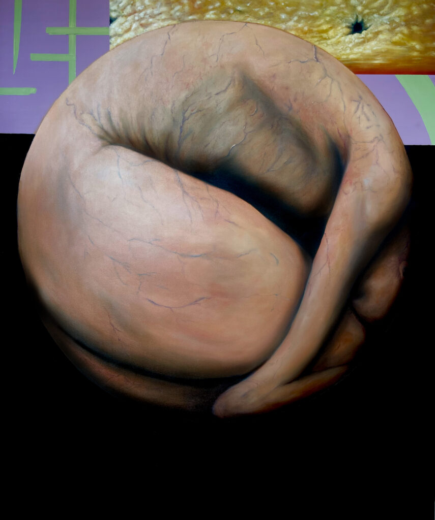 A moment of extreme psychic tension; a threshold between death and the birth of a new self. Drawing from the mythic birth of Hades, god of the underworld. The self is not gently transformed, but dragged into becoming through the internal collapse of the old. It captures the final stage of psychic compression, when the old self has nearly died but has not yet released the new form. Visually, the body is curled, veined, and clenched a deathly shell of flesh containing a smoldering coal. The figure doesn’t represent new life in the traditional sense but the emergence of a consciousness forged in the aftermath of trauma, a self that could only exist because the former one didn’t survive. The figure is a tomb and a womb simultaneously. It gives context to the flesh as both container and evidence; the skin of the old self wrapped tightly around the genesis of the next. The myth of Hades doesn’t end in joy or closure; it hovers in the trauma of transition, the brutality of transformation, and the sacred violence of becoming something that has never existed in one’s self before.
