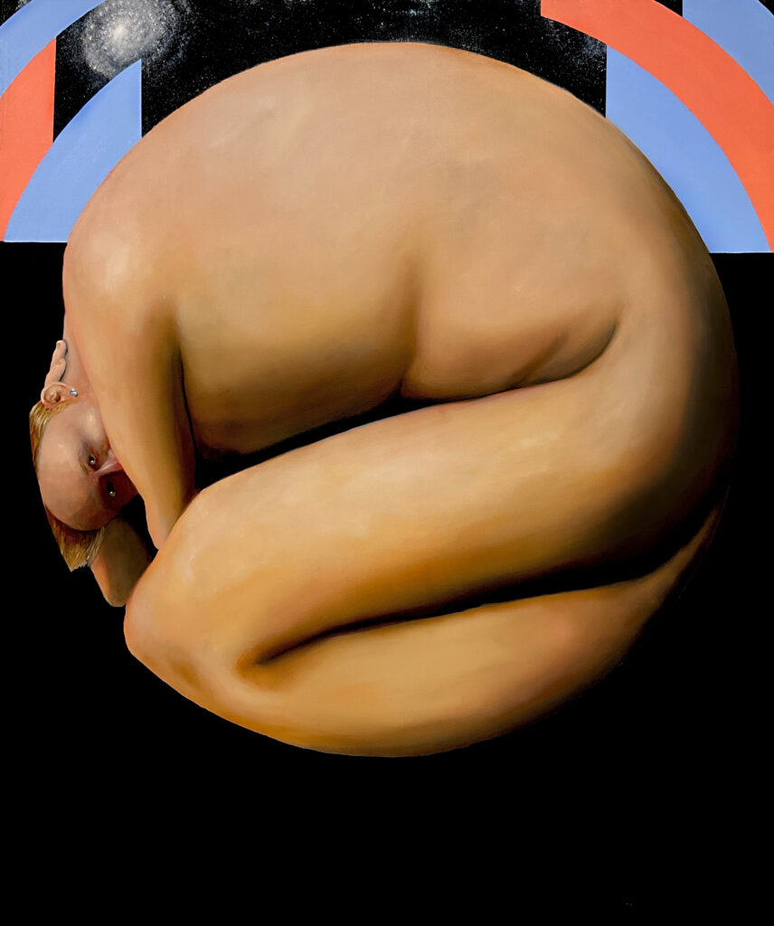 The final evolution of the new self. The emergence that follows obliteration. Neos embodies the moment of reconstitution after the death of the old self, when consciousness begins to inhabit its new form and the old skin sheds. The compression that once suffocated has become the vessel that incubates renewal. The body is still folded, yet no longer in defense it gathers strength. Two eyes meet the gaze of the viewer, aware of being seen, aware of existing. The figure’s engagement is neither confrontational nor pleading; it is an acknowledgment, a quiet recognition of mutual presence. This awareness signals the return of agency, the reclamation of selfhood that no longer hides within trauma but stands in dialogue with it. The form begins to unfurl beneath a night sky scattered with galaxies, each star echoing memory and continuity. The darkness, once devouring, now breathes with fertility. The figure sits at the edge of standing, suspended in the brief stillness before motion. The psychic energy that carried through the previous works finds equilibrium here; what was once chaos, radiance, wisdom, and death now resolves into coherence. Neos represents the reborn consciousness self-aware, unburdened, and quietly powerful. The cycle has turned inward and completed itself.