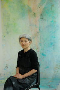 Bonae Yi with Light tinting the air I, 2026, acrylic on transparent vinyl, 400 x 180 cm, installation view