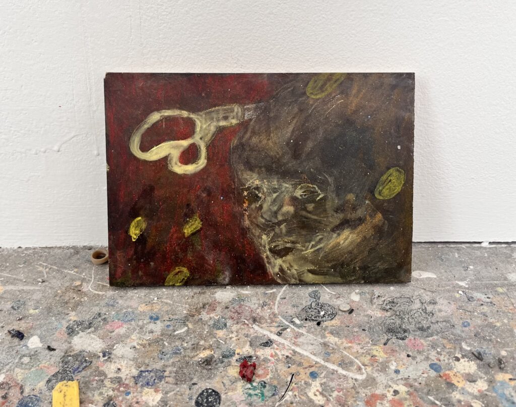 Distemper painting of figure with scissors thrown to the head