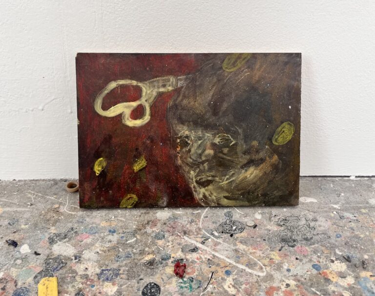 Distemper painting of figure with scissors thrown to the head