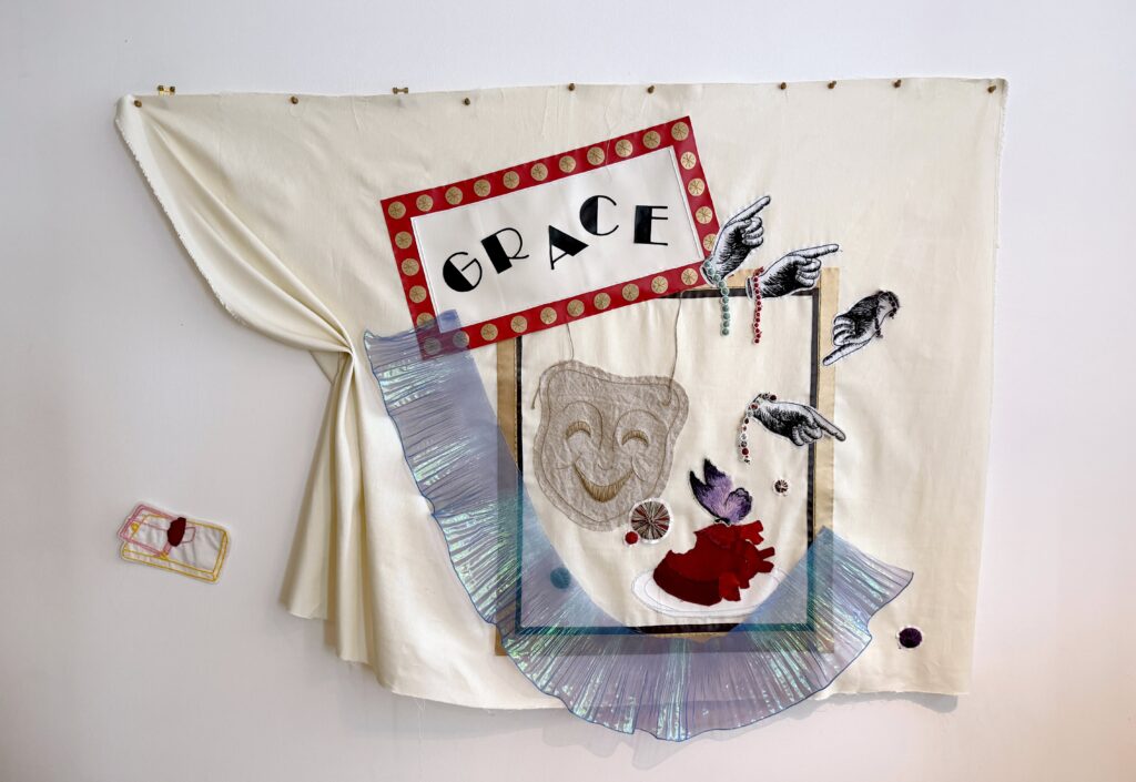 Collage type tapestry, hand stitched and hand embroidered