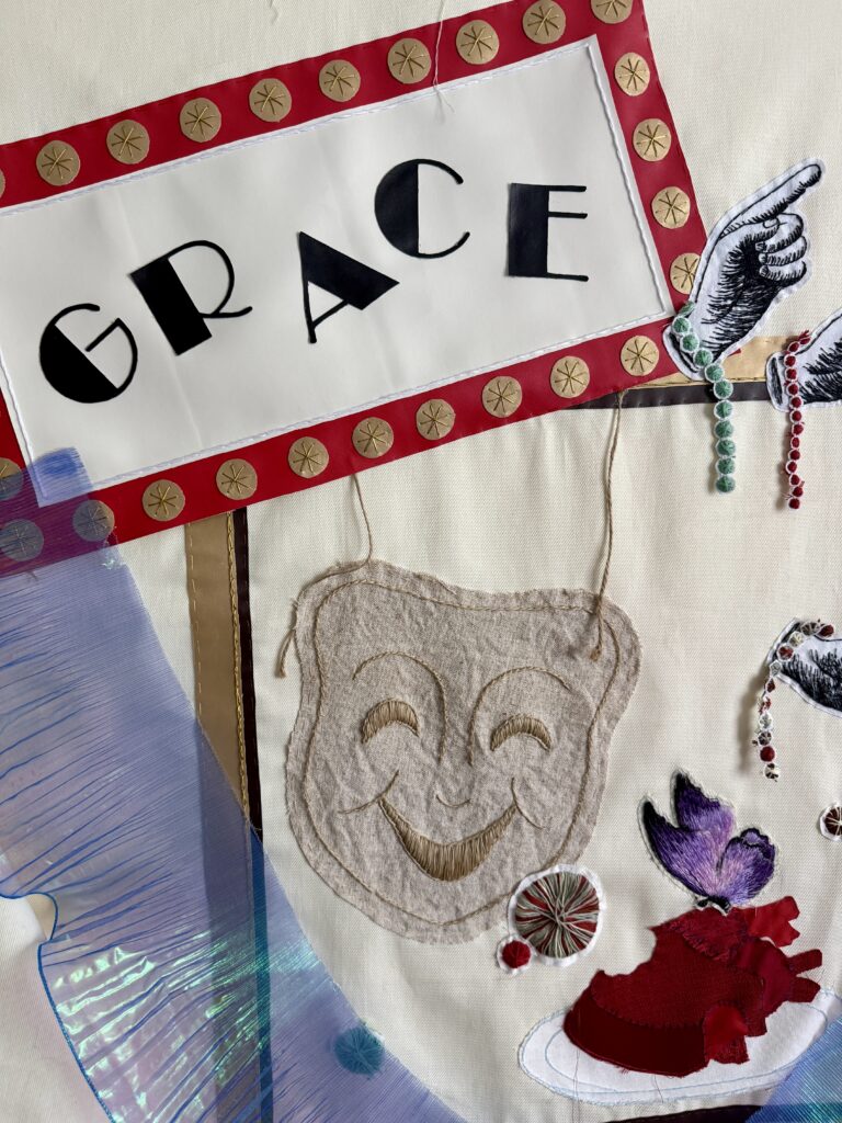 close up of collage styled tapestry