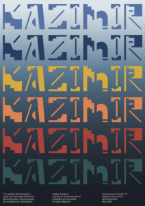 A vertical Kazimir type specimen poster showing repeated abstract blue, yellow, orange, red and green letterforms arranged in horizontal bands on a dark background.