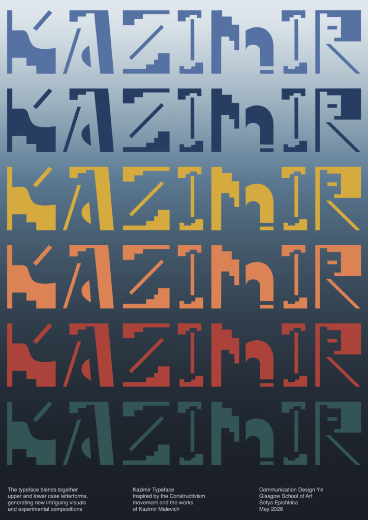 A vertical Kazimir type specimen poster showing repeated abstract blue, yellow, orange, red and green letterforms arranged in horizontal bands on a dark background.