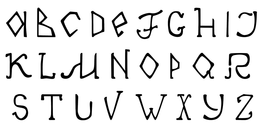 Black and white image showing the Latin alphabet from A to Z drawn in the Black Dolphin typeface, arranged across three rows.