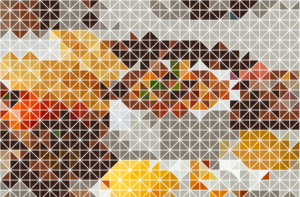 A plate of Scottish breakfast transformed into a colourful triangular mosaic pattern by a digital design tool.
