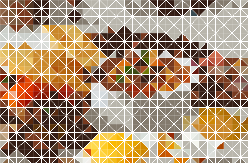 A plate of Scottish breakfast transformed into a colourful triangular mosaic pattern by a digital design tool.