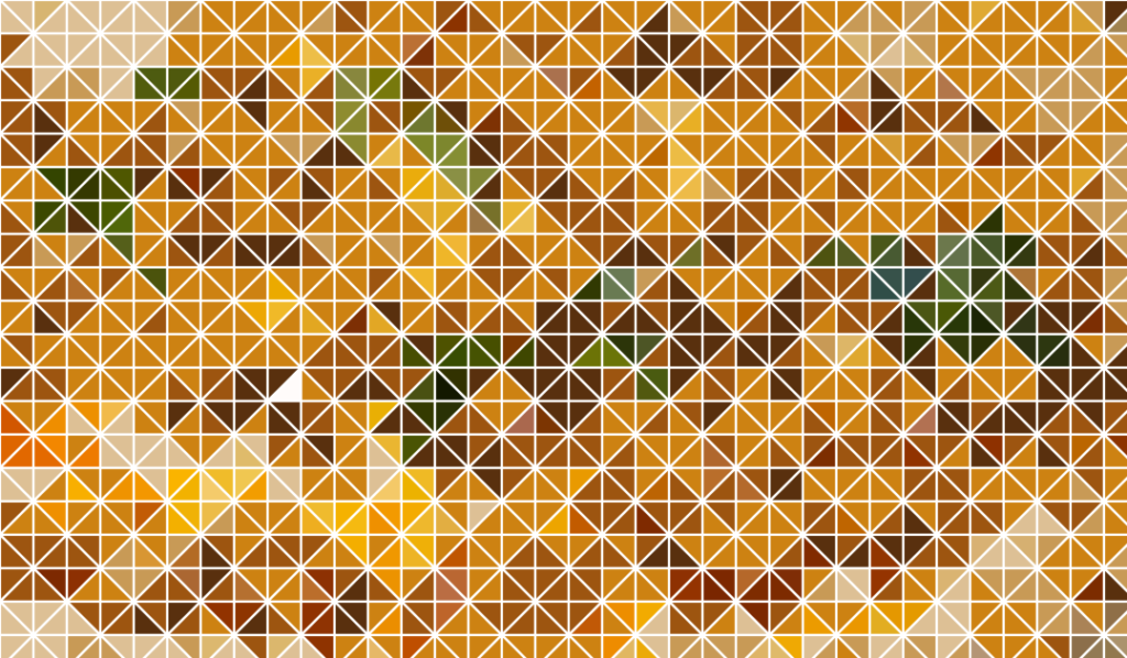 A plate of hummus with greens transformed into a triangular digital mosaic using the Mosaic Recipe tool.